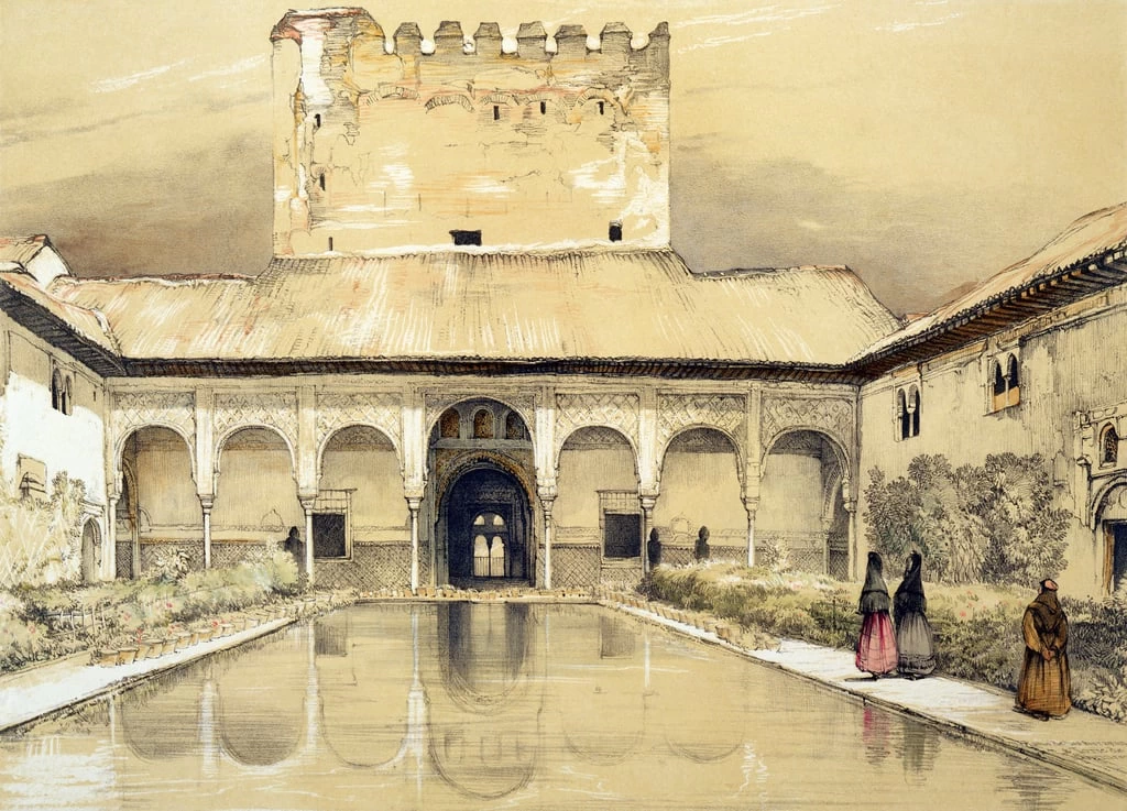 Corte dei Mirti (Patio de los Arrayanes) e dalla Torre di Comares, da 'Schizzi e disegni dell'Alhambra'